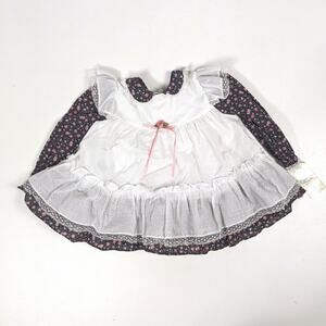 Vtg Bryan Dress Girls Sz 18m Black Calico Floral Pinny Holiday Frilly Lace